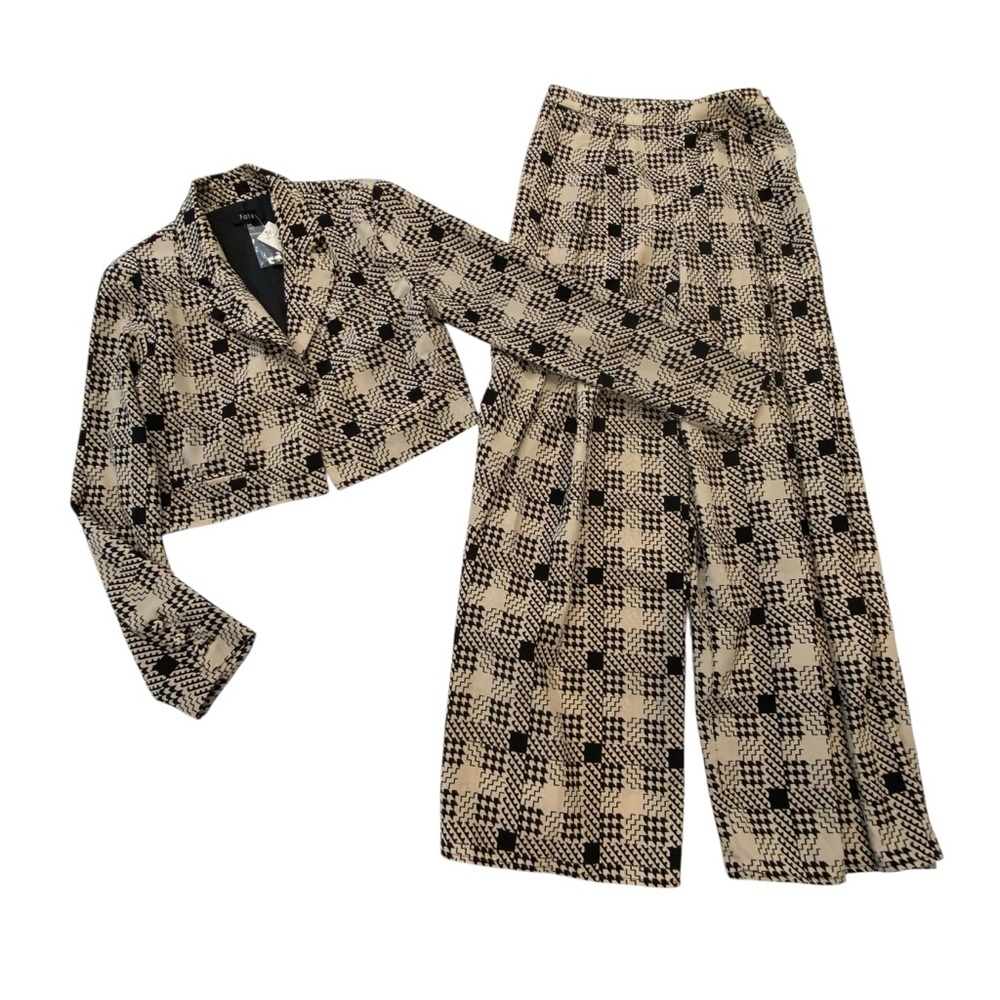 Vintage Fate suit New crop blazer palazzo houndstooth beige nude black plaid M